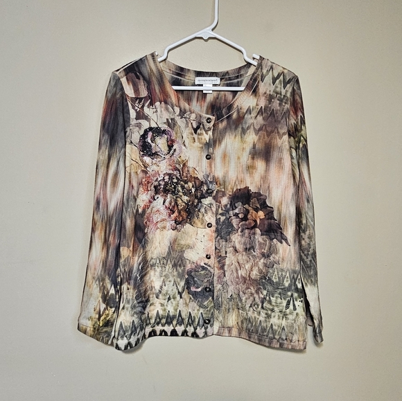 Christopher & Banks Cardigan Sweater Women's Size Large Floral Knit Rhinestones - Picture 1 of 8
